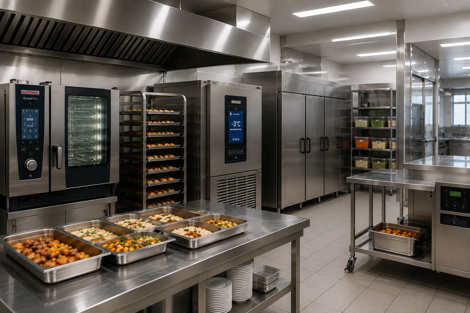 Equipamentos de uma operação Cook & Chill: forno combinado, abatedor de temperatura e câmaras de refrigeração